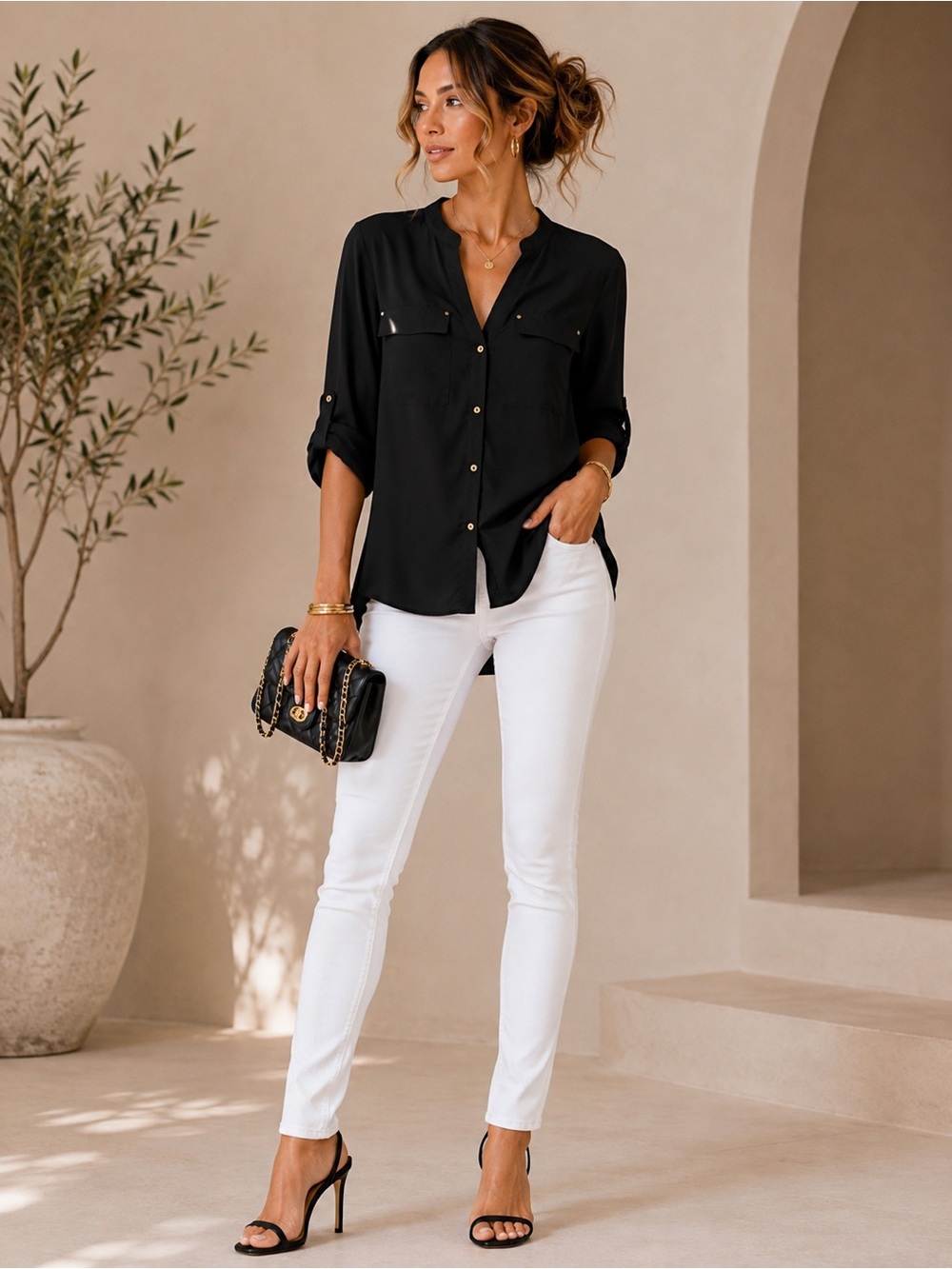 Calvin Klein Women’s Black Button-Front Blouse - Classic V-Neck Shirt